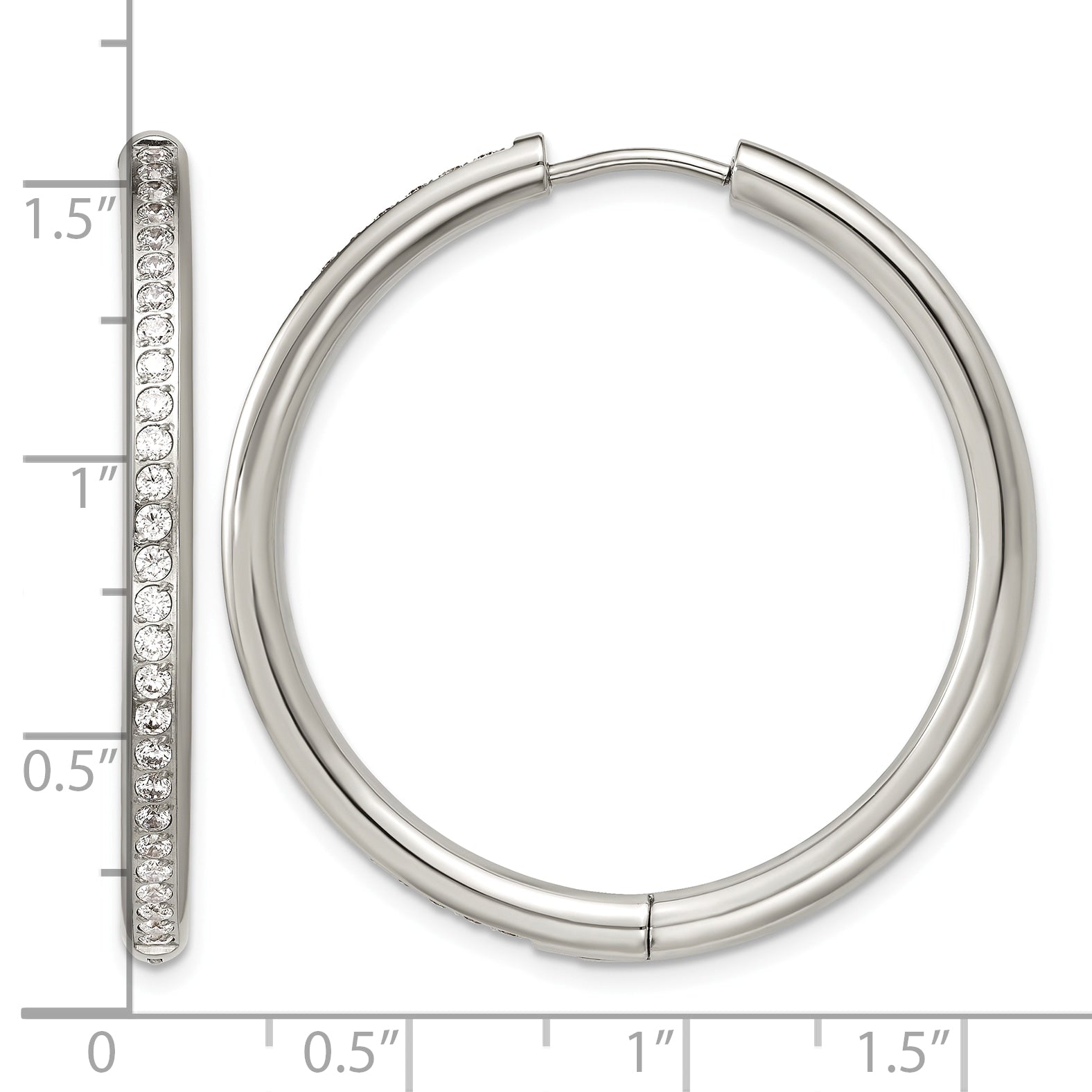 Polished Cubic Zirconia Stainless Steel Hoop Earrings 35.75mm