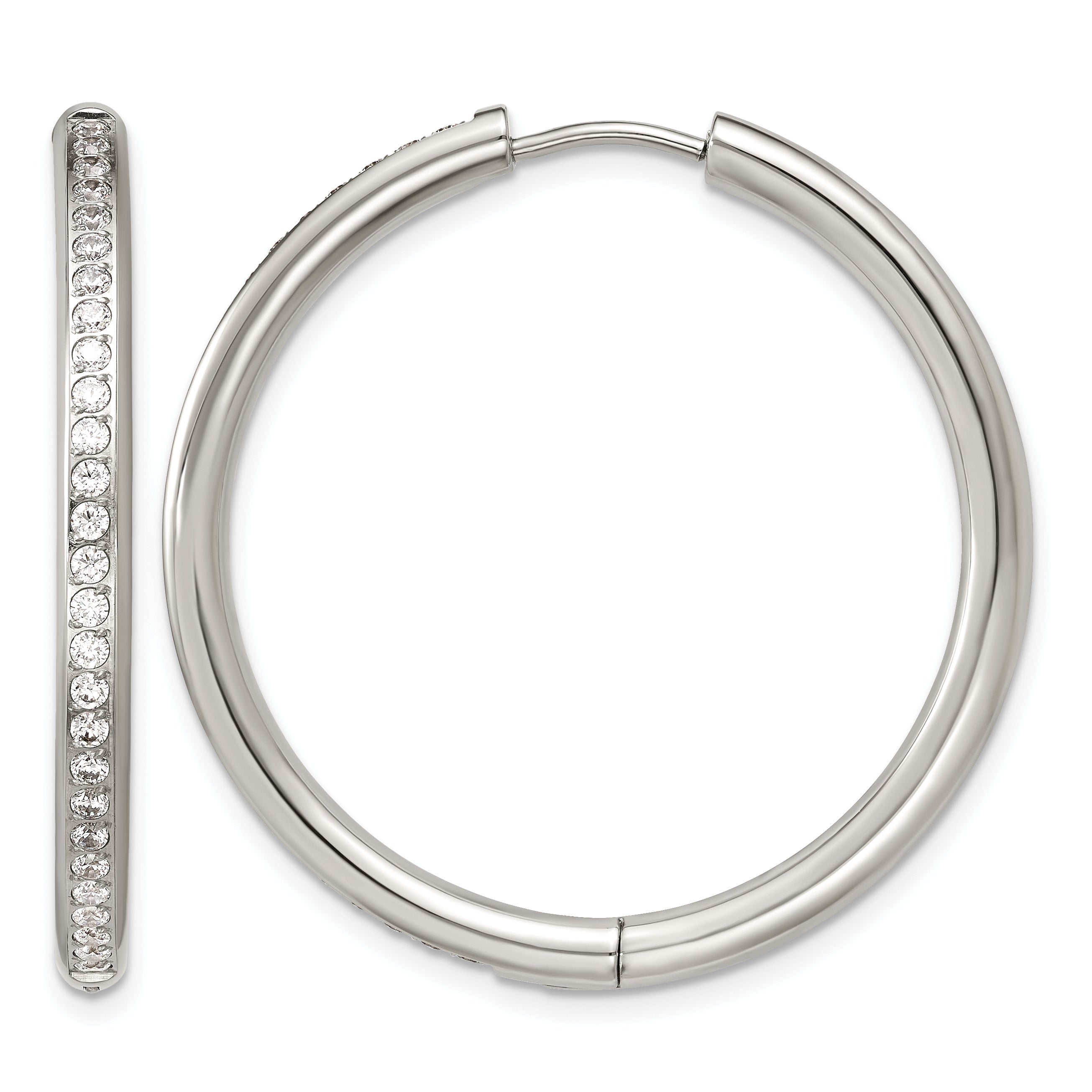 Polished Cubic Zirconia Stainless Steel Hoop Earrings 35.75mm Main image