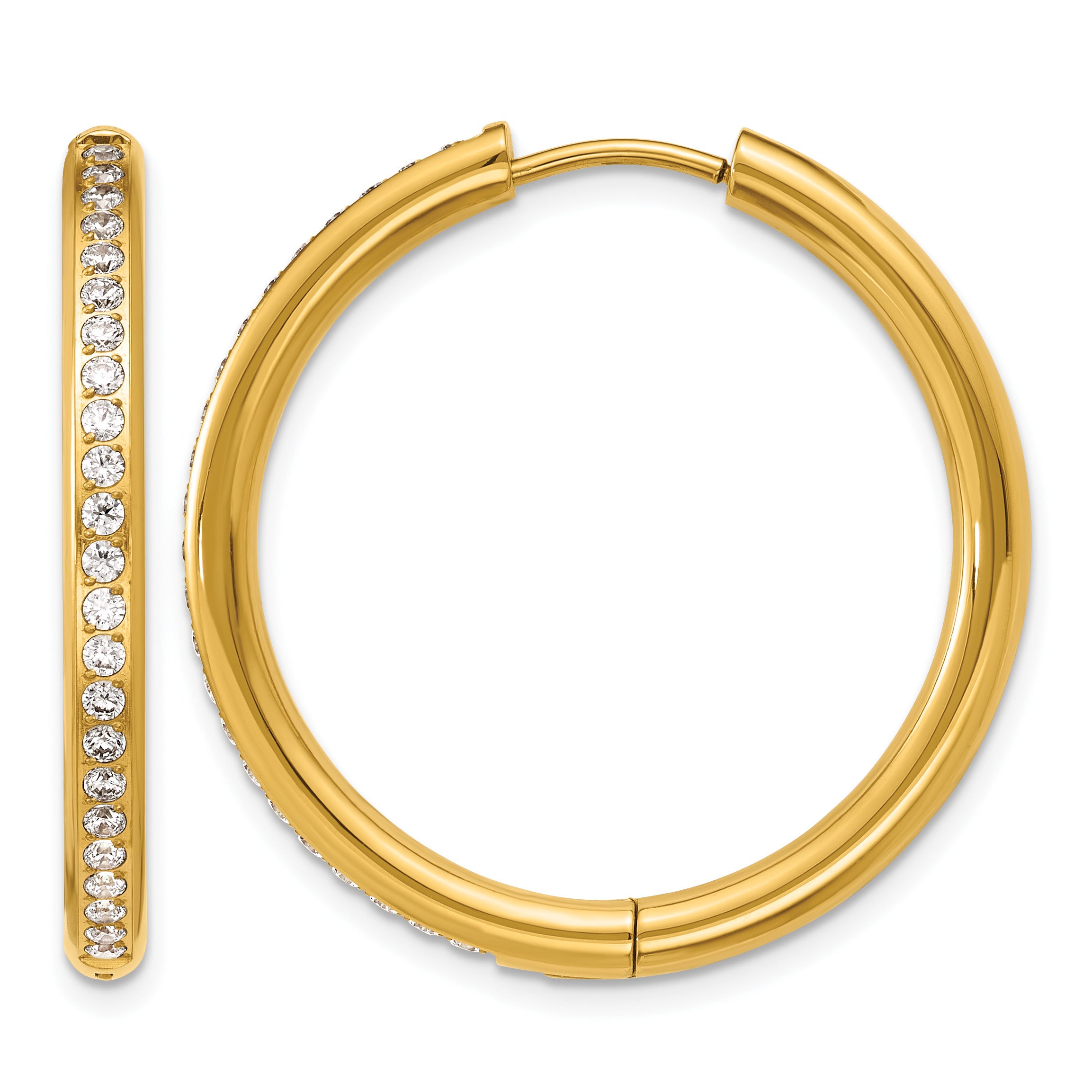 Stainless Steel Gold-Tone Hinged Cubic Zirconia Huggie Hoop Earrings for Women