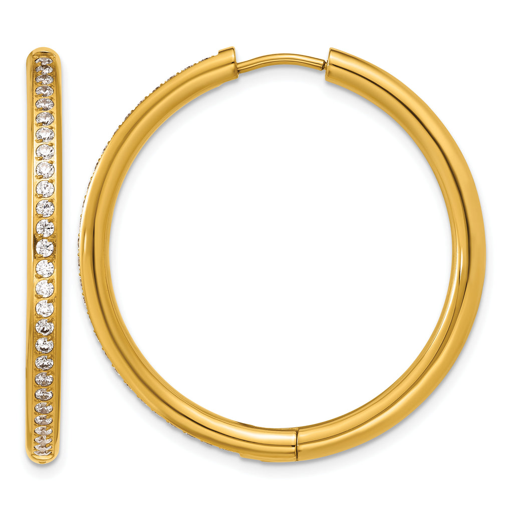 Gold-Tone Polished Cubic Zirconia Stainless Steel Hoop Earrings 35.8mm