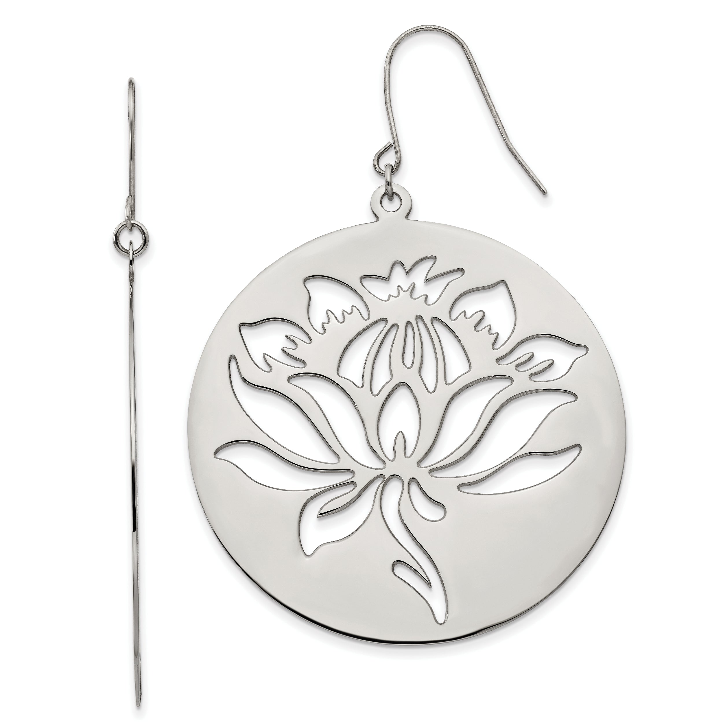 Chisel Stainless Steel Polished Flower Cut out Dangle Shepherd Hook Earrings