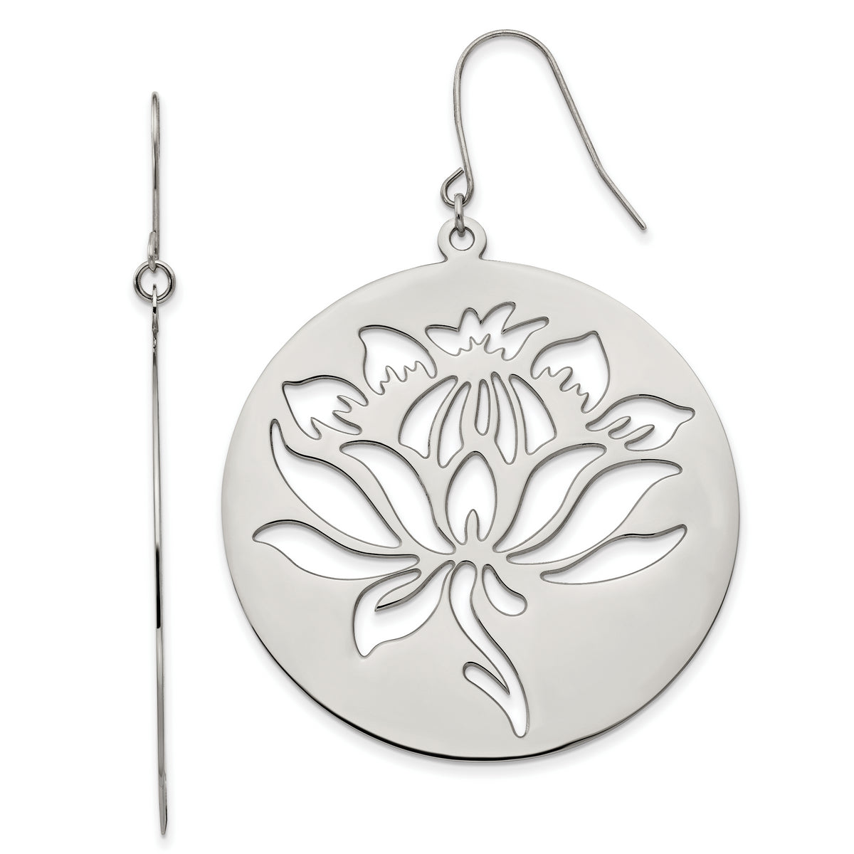 Chisel Stainless Steel Polished Flower Cut out Dangle Shepherd Hook Earrings