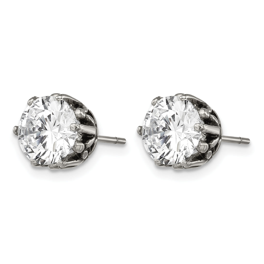 Stainless Steel Antiqued Round Cubic Zirconia Stud Earrings