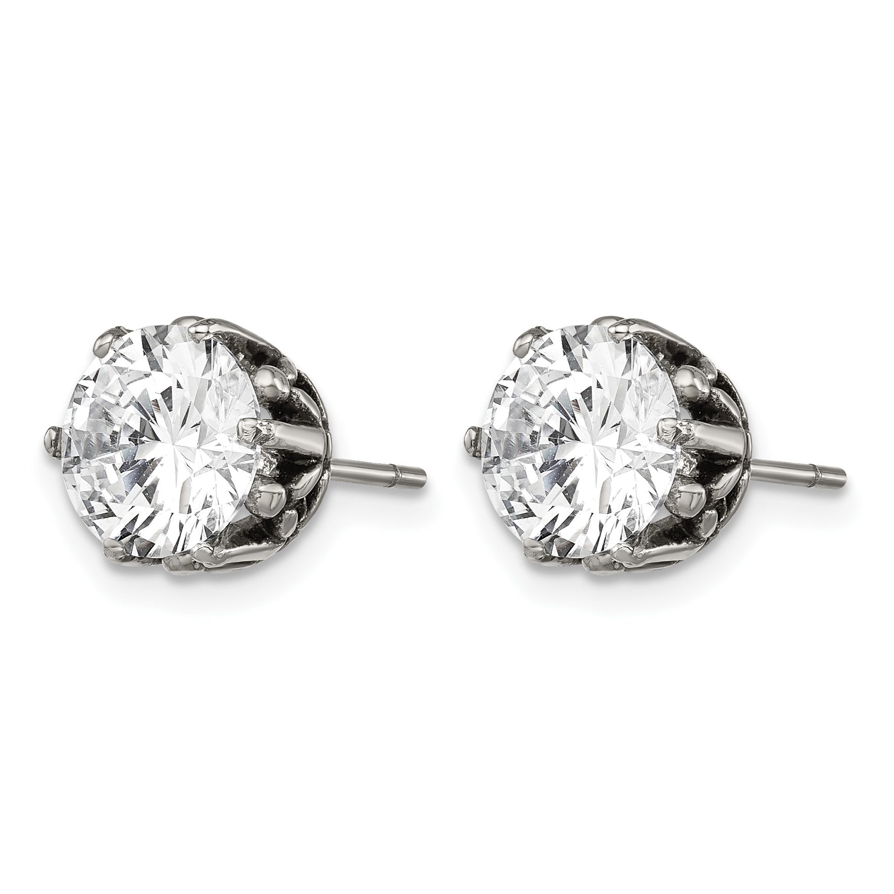 Stainless Steel Antiqued Round Cubic Zirconia Stud Earrings