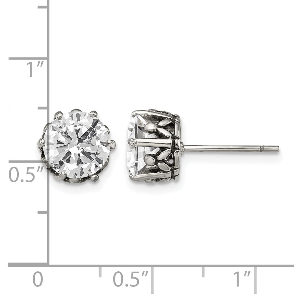 Stainless Steel Antiqued Round Cubic Zirconia Stud Earrings