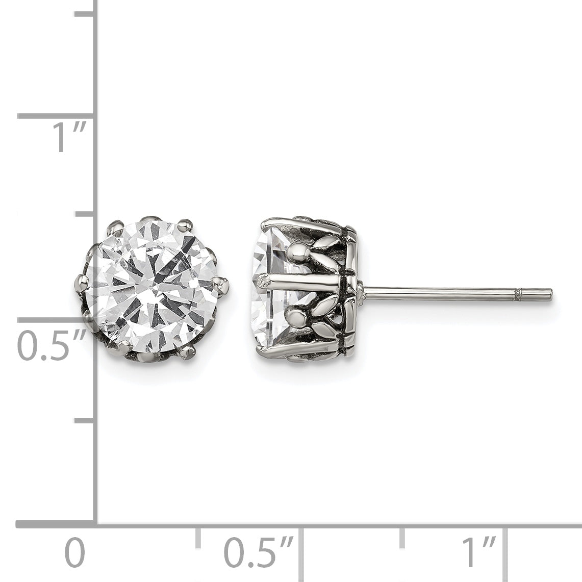 Stainless Steel Antiqued Round Cubic Zirconia Stud Earrings