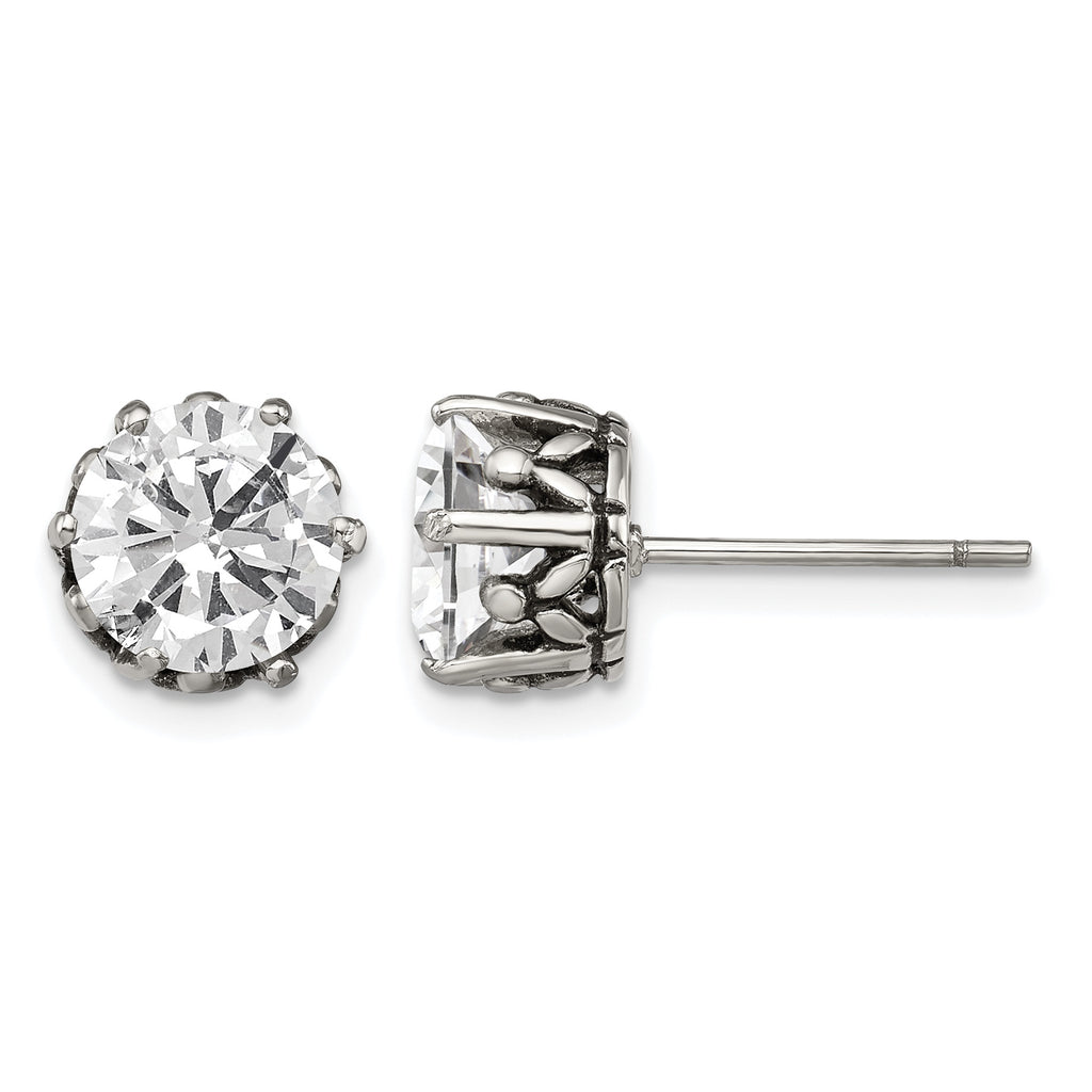 Stainless Steel Antiqued Round Cubic Zirconia Stud Earrings
