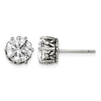 Stainless Steel Antiqued Round Cubic Zirconia Stud Earrings