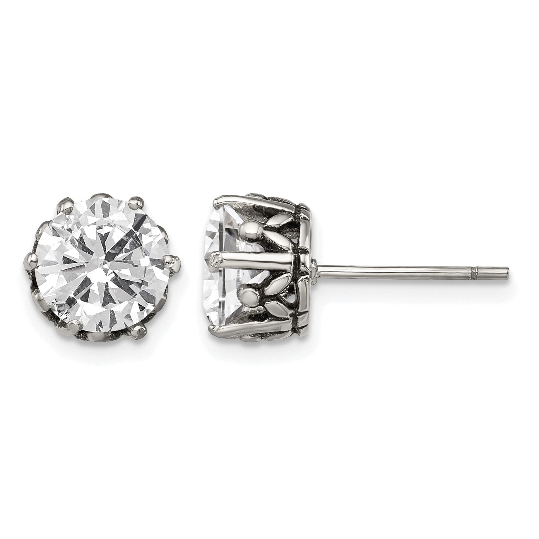 Stainless Steel Antiqued Round Cubic Zirconia Stud Earrings