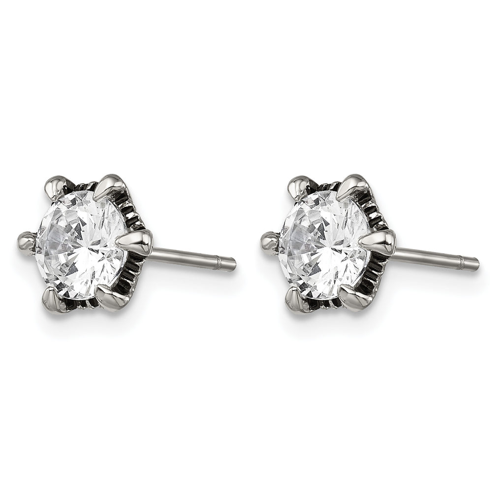 Stainless Steel Polished & Antiqued Cubic Zirconia Stud Earrings