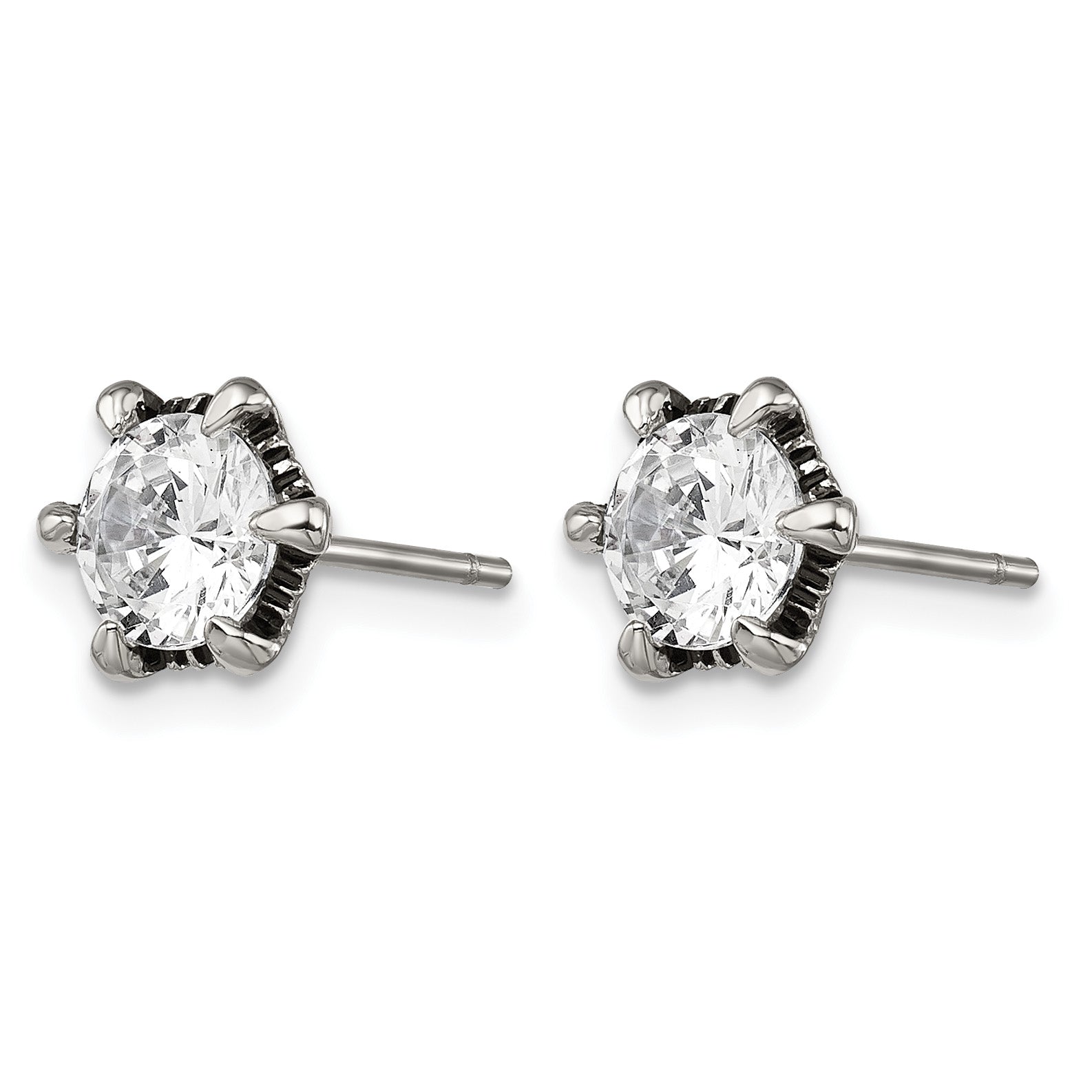 Stainless Steel Polished & Antiqued Cubic Zirconia Stud Earrings