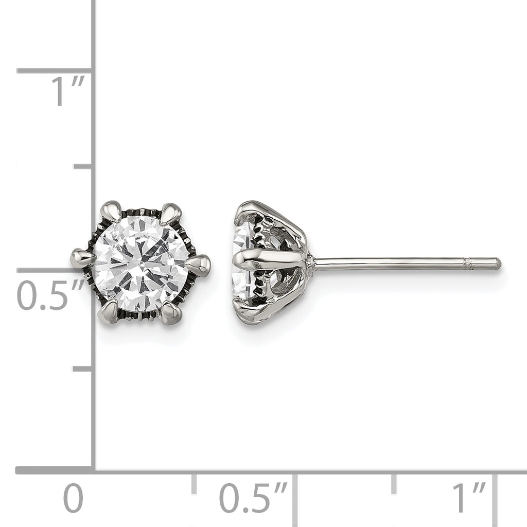 Stainless Steel Polished & Antiqued Cubic Zirconia Stud Earrings