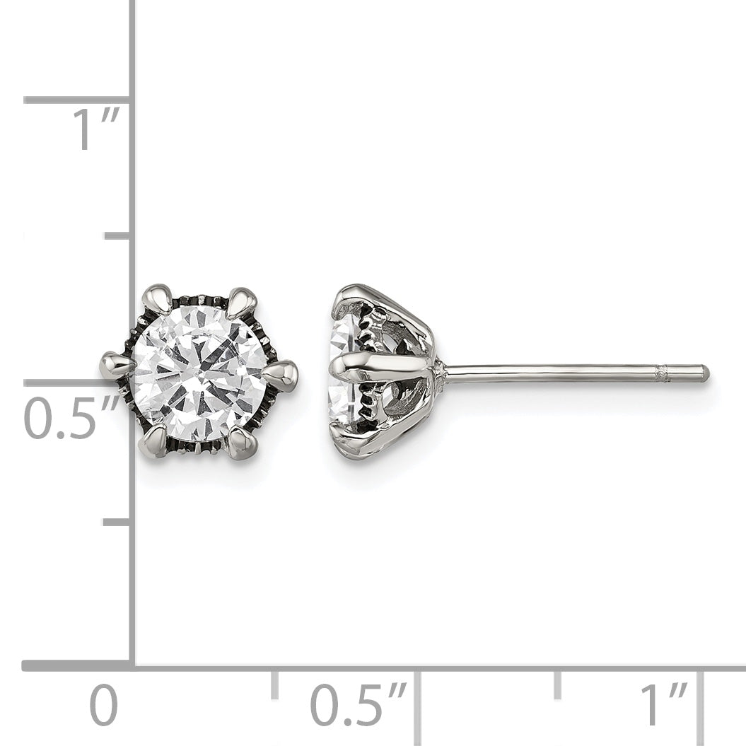 Stainless Steel Polished & Antiqued Cubic Zirconia Stud Earrings
