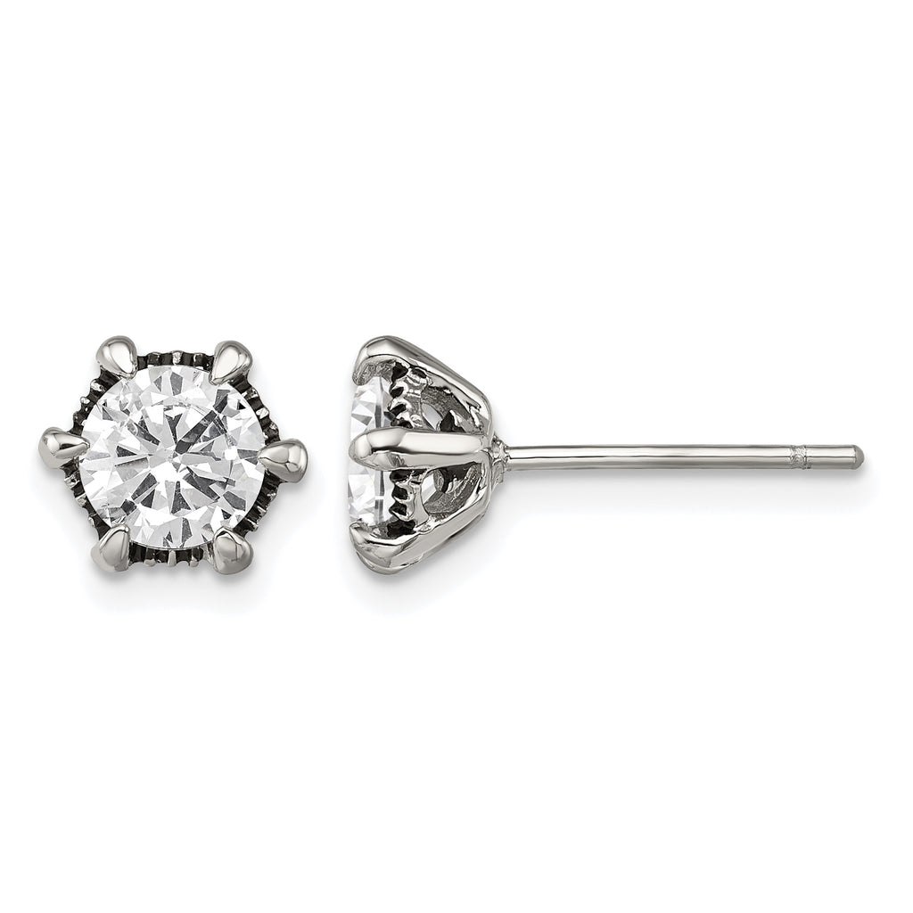 Stainless Steel Polished & Antiqued Cubic Zirconia Stud Earrings