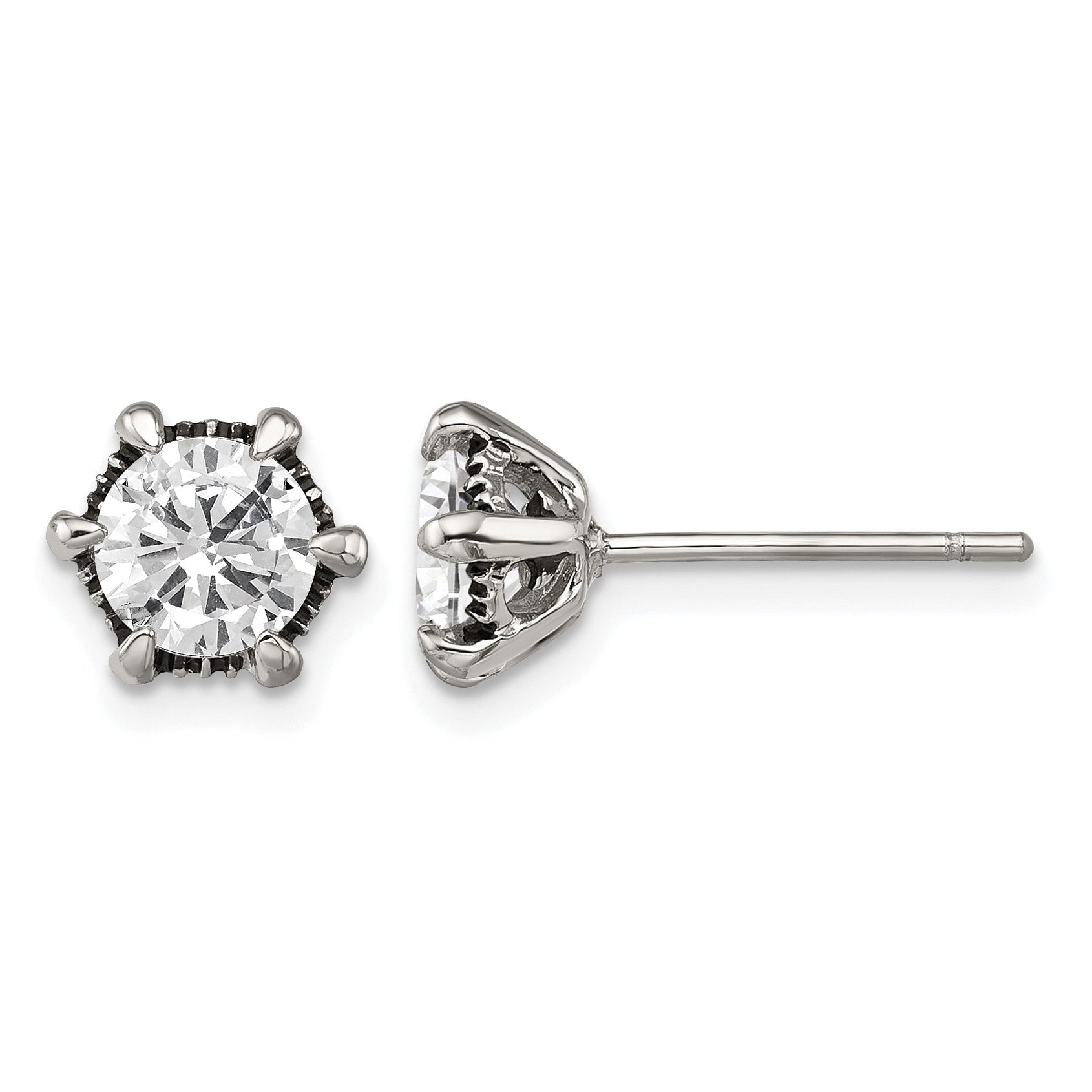 Stainless Steel Polished & Antiqued Cubic Zirconia Stud Earrings