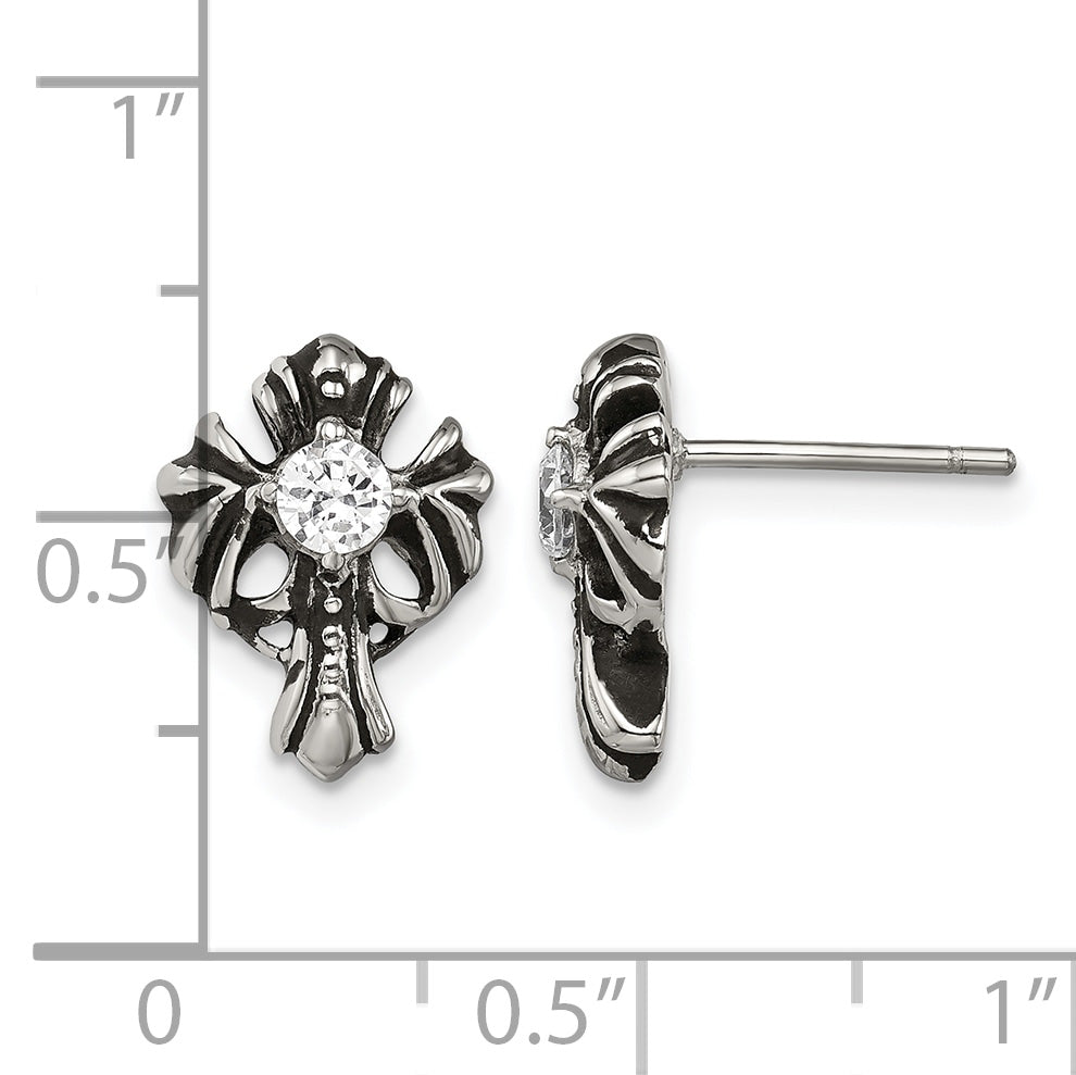 Stainless Steel Antiqued Cross Cubic Zirconia Button Earrings for Women