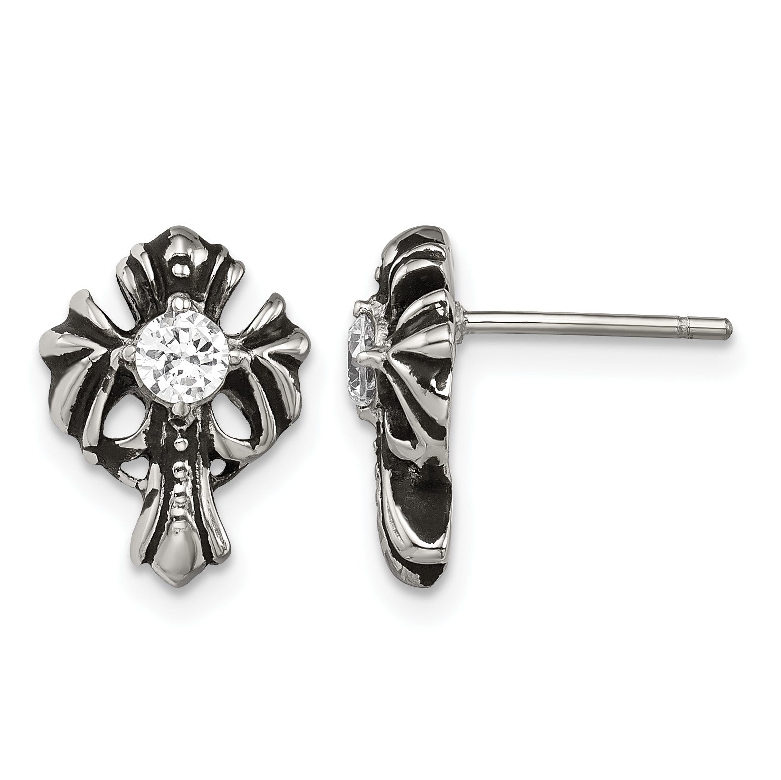 Stainless Steel Antiqued Cross Cubic Zirconia Button Earrings for Women