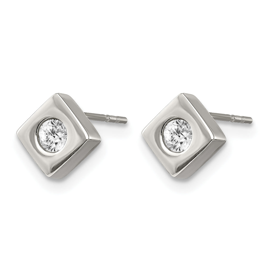 Stainless Steel Brushed Cubic Zirconia Button Earrings