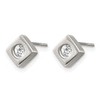 Stainless Steel Brushed Cubic Zirconia Button Earrings