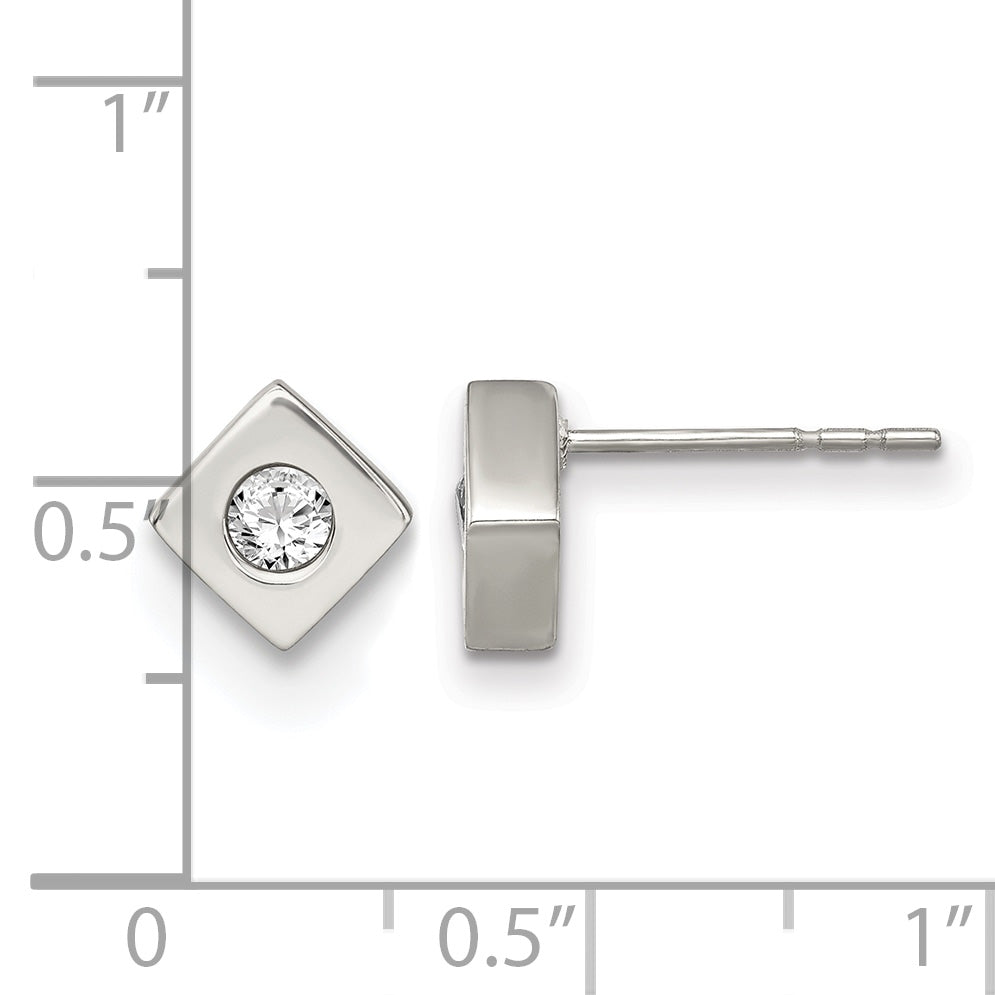 Stainless Steel Brushed Cubic Zirconia Button Earrings