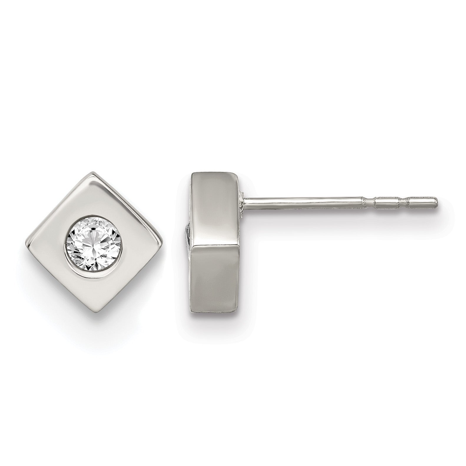 Stainless Steel Brushed Cubic Zirconia Button Earrings