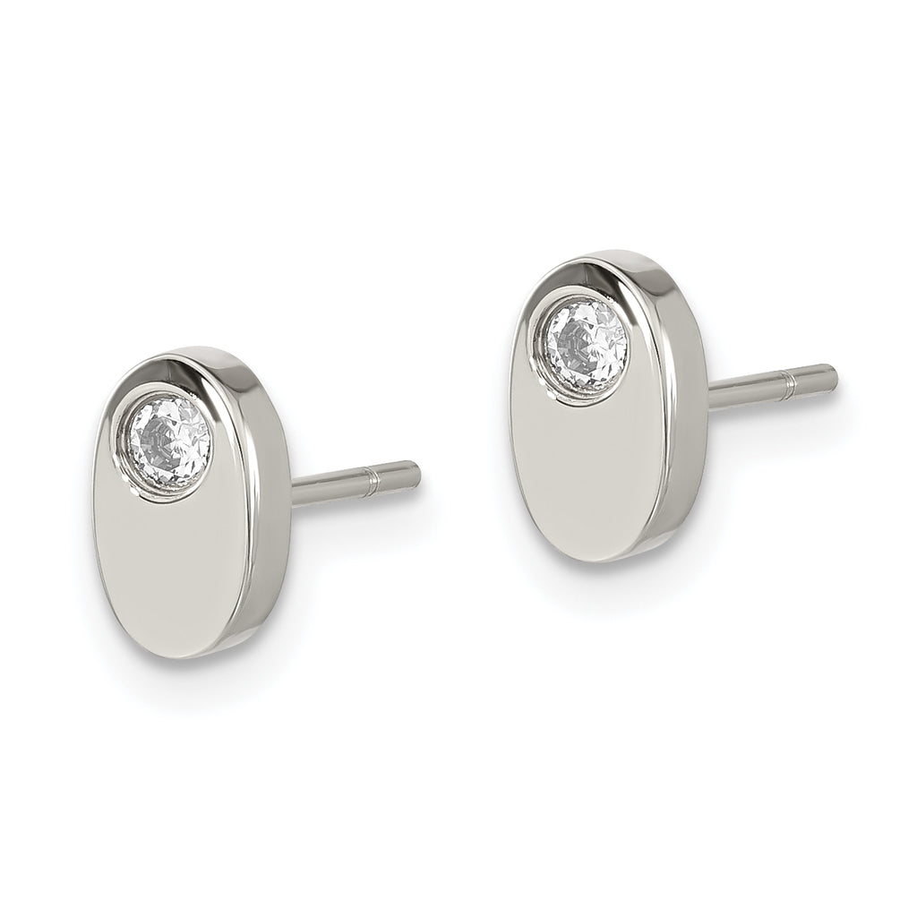 Stainless Steel Polished Oval Cubic Zirconia Button Earrings