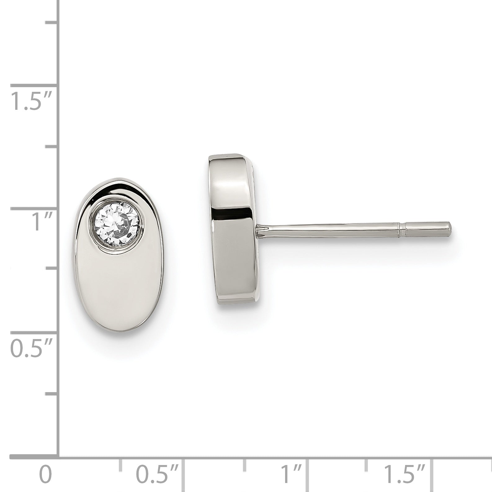 Stainless Steel Polished Oval Cubic Zirconia Button Earrings