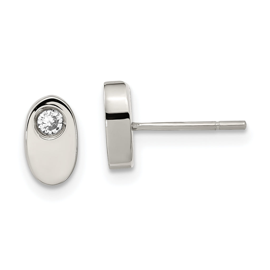 Stainless Steel Polished Oval Cubic Zirconia Button Earrings
