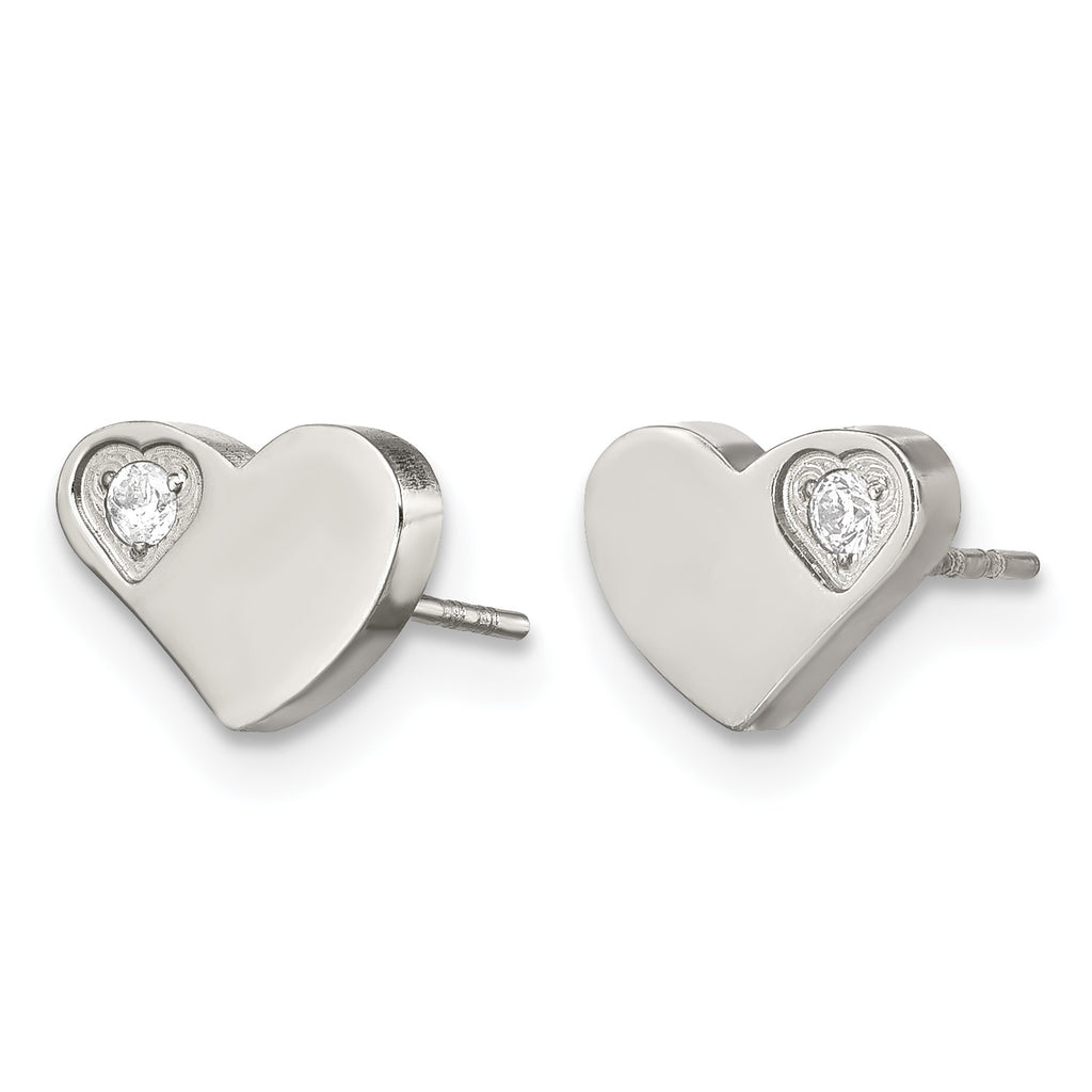 Stainless Steel Polished Heart Cubic Zirconia Button Earrings for Women
