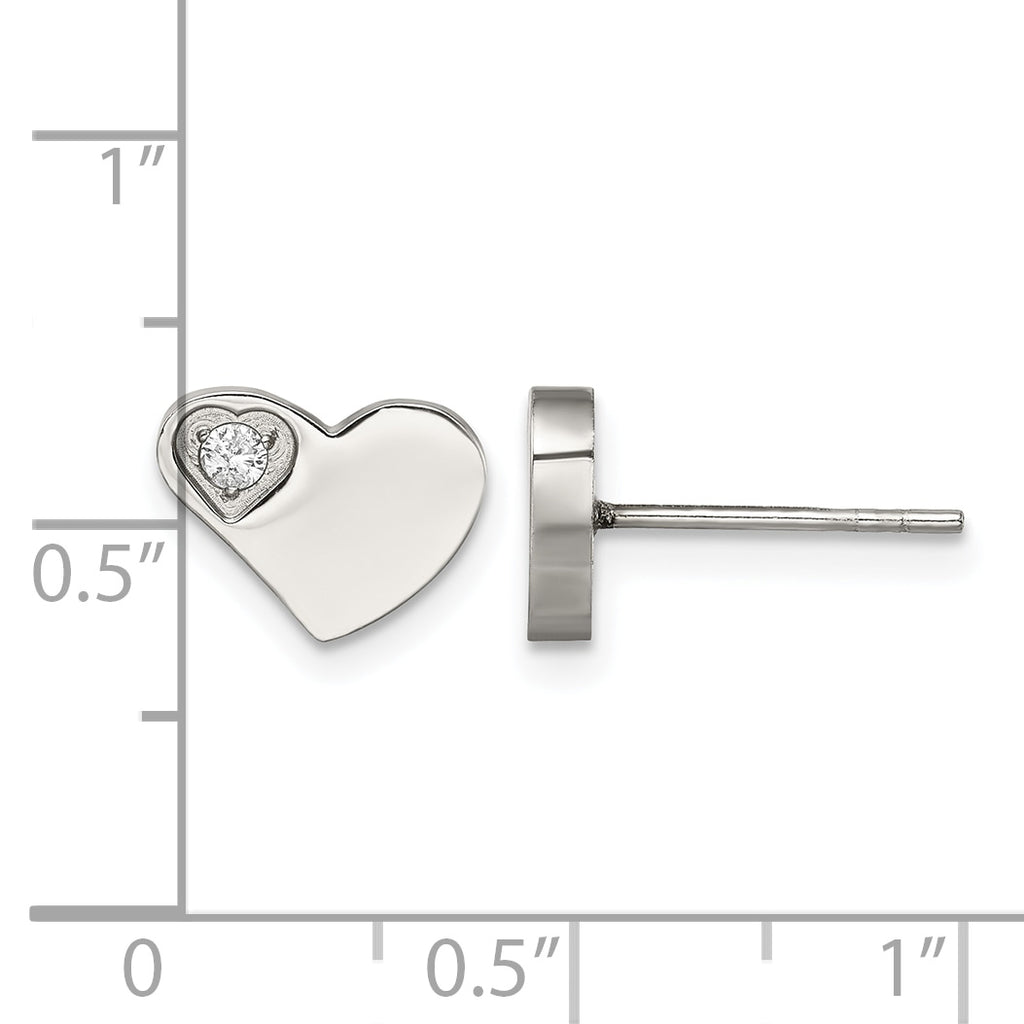 Stainless Steel Polished Heart Cubic Zirconia Button Earrings for Women