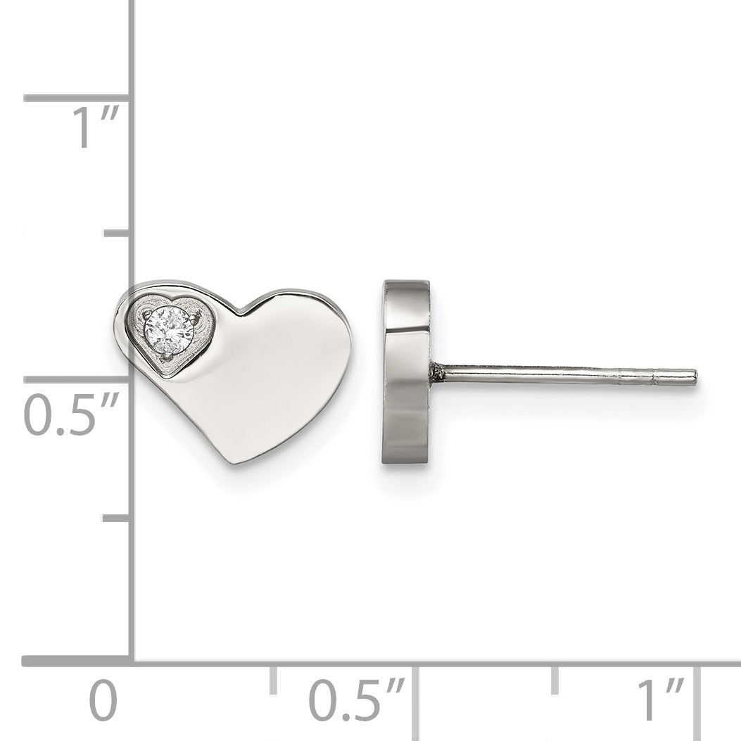 Stainless Steel Polished Heart Cubic Zirconia Button Earrings for Women