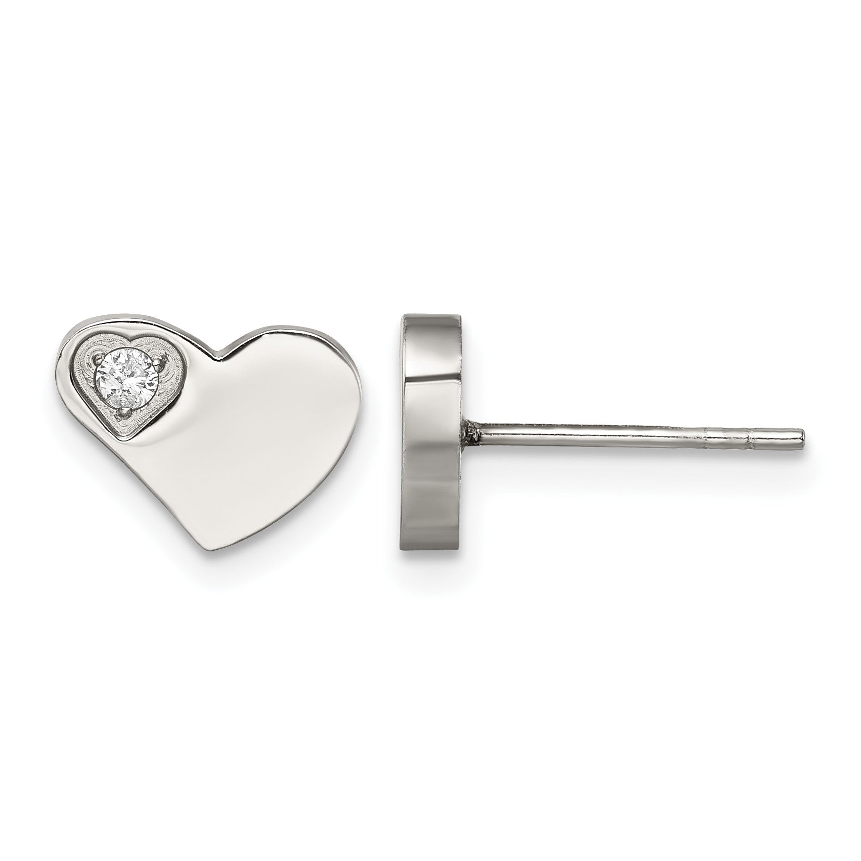 Stainless Steel Polished Heart Cubic Zirconia Button Earrings for Women Main image