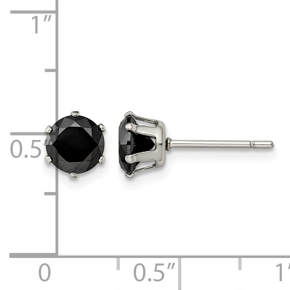 Stainless Steel Polished Round Black Cubic Zirconia Stud Earrings