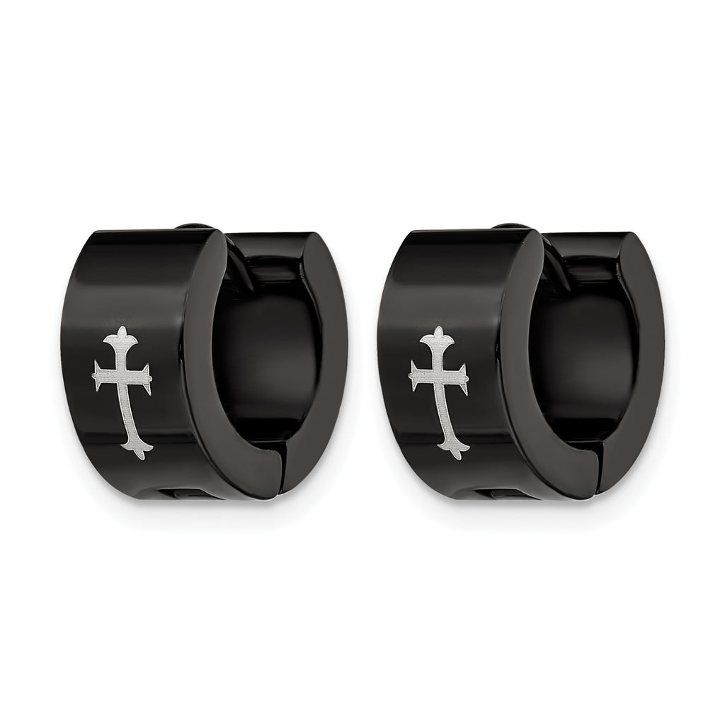 Stainless Steel Black Hinged Cross Huggie Hoop Earrings