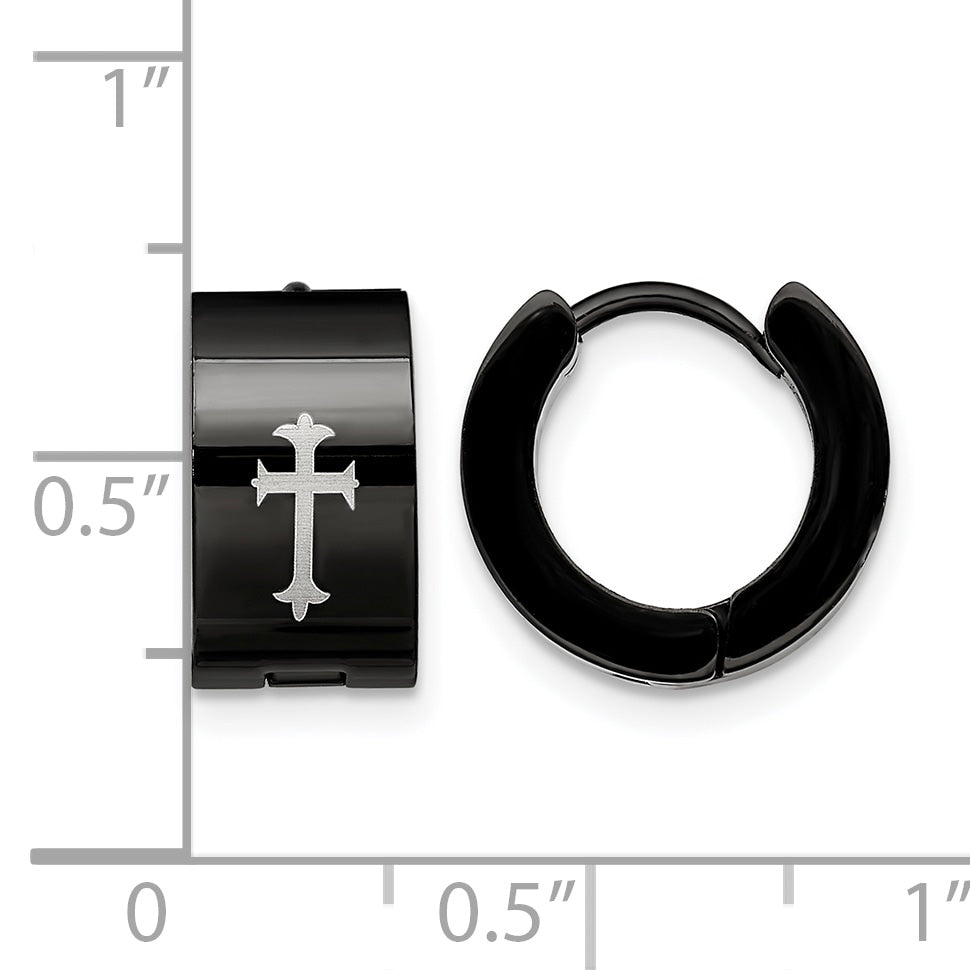 Stainless Steel Black Hinged Cross Huggie Hoop Earrings