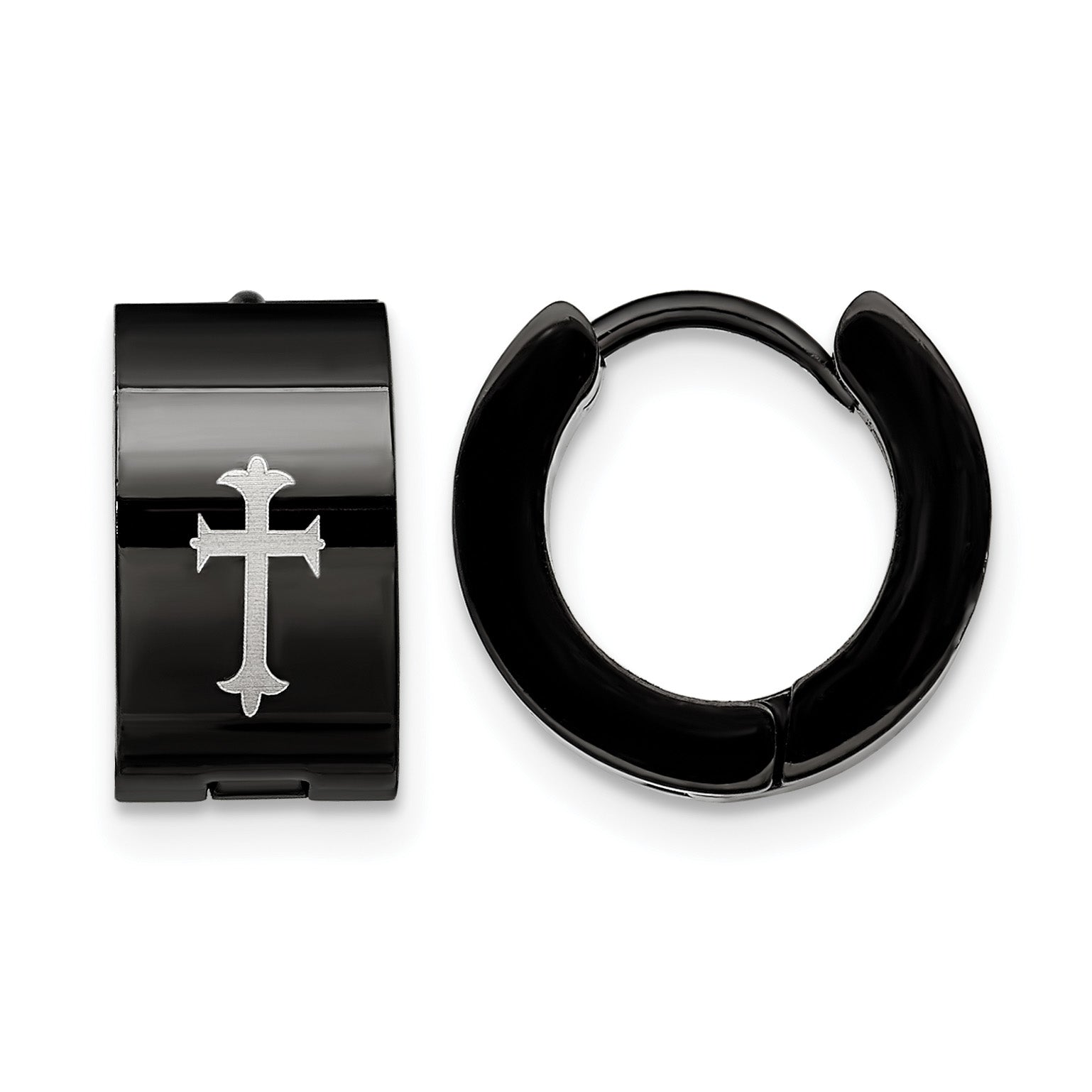 Stainless Steel Black Hinged Cross Huggie Hoop Earrings