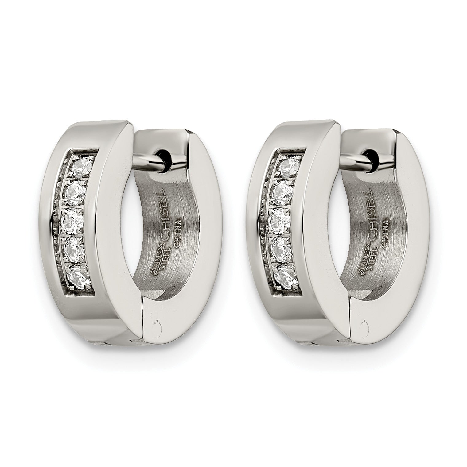 Stainless Steel Polished Hinged Cubic Zirconia Huggie Hoop Earrings Secondary image