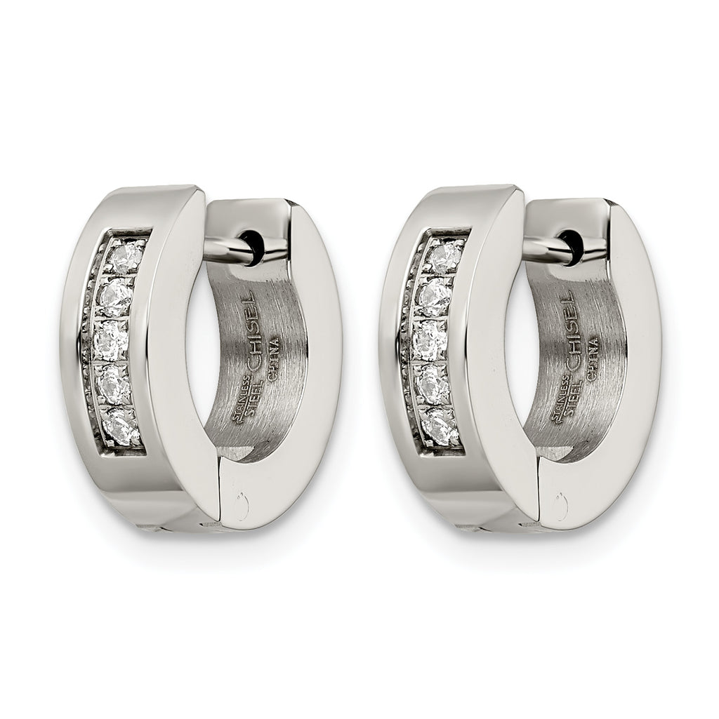 Stainless Steel Polished Hinged Cubic Zirconia Huggie Hoop Earrings