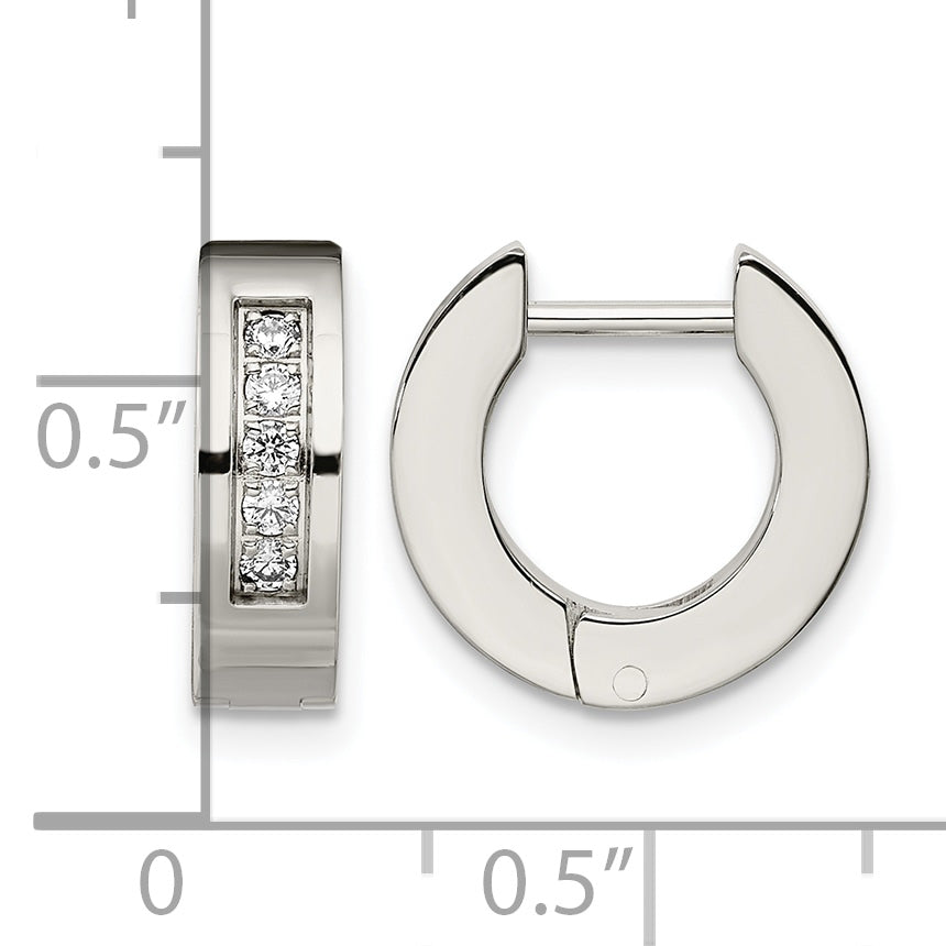 Stainless Steel Polished Hinged Cubic Zirconia Huggie Hoop Earrings