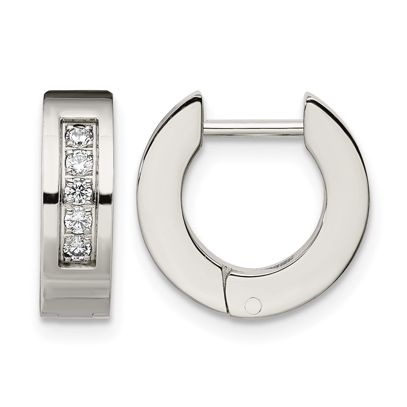 Stainless Steel Polished Hinged Cubic Zirconia Huggie Hoop Earrings