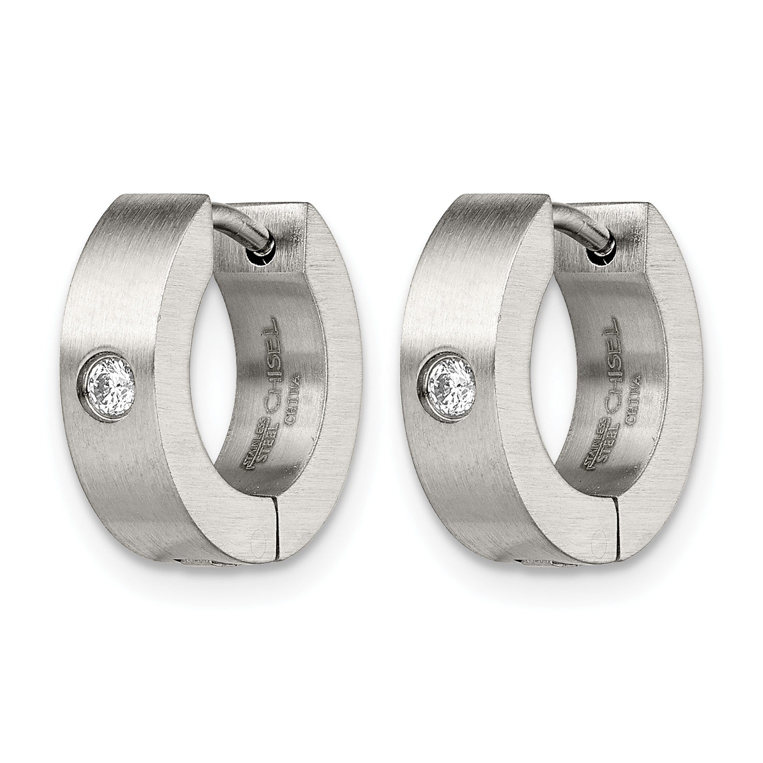 Stainless Steel Brushed Hinged Cubic Zirconia Huggie Hoop Earrings Secondary image