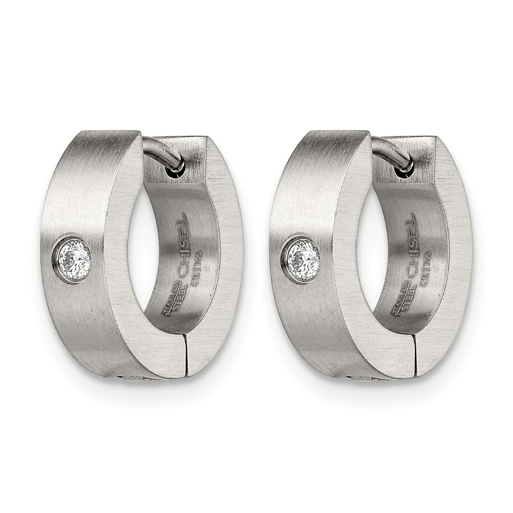 Stainless Steel Brushed Hinged Cubic Zirconia Huggie Hoop Earrings