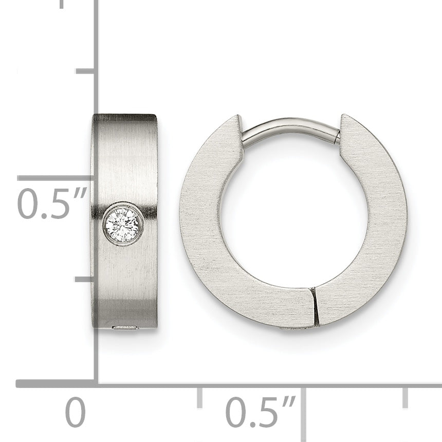 Stainless Steel Brushed Hinged Cubic Zirconia Huggie Hoop Earrings