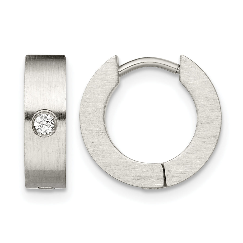 Stainless Steel Brushed Hinged Cubic Zirconia Huggie Hoop Earrings
