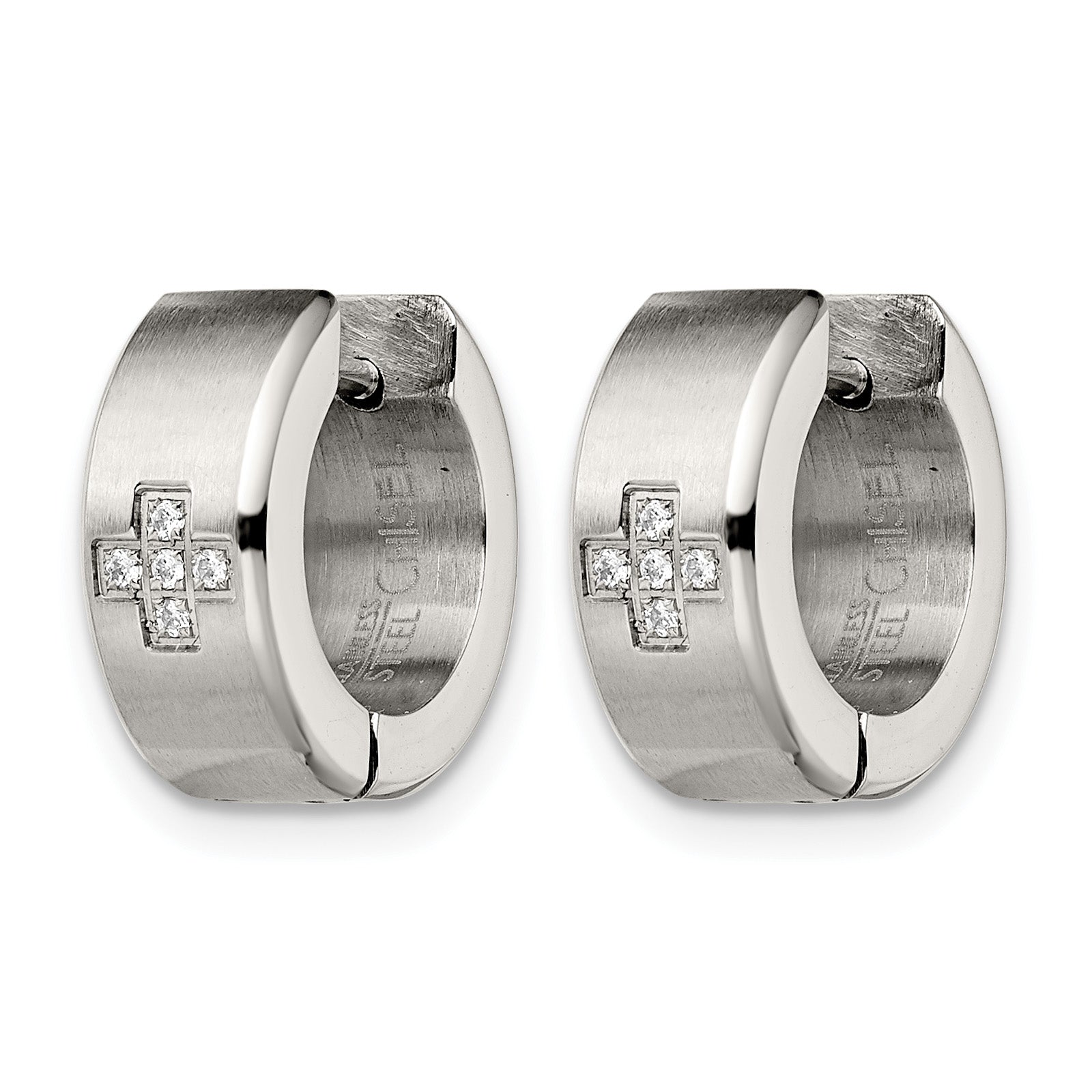 Stainless Steel Polished & Brushed Hinged Cubic Zirconia Huggie Hoop Earrings Secondary image