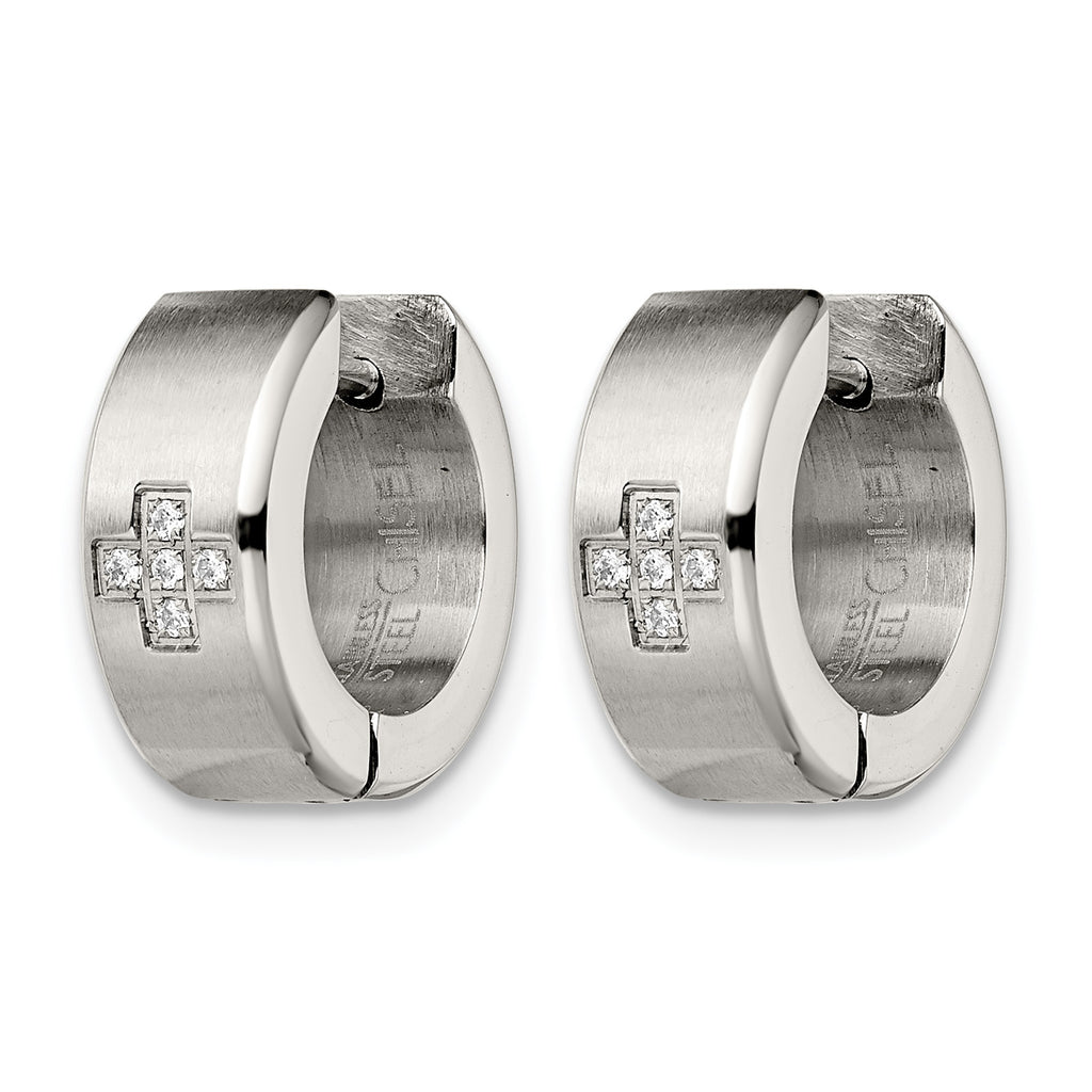 Stainless Steel Polished & Brushed Hinged Cubic Zirconia Huggie Hoop Earrings