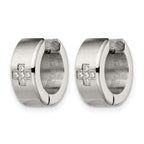 Stainless Steel Polished & Brushed Hinged Cubic Zirconia Huggie Hoop Earrings