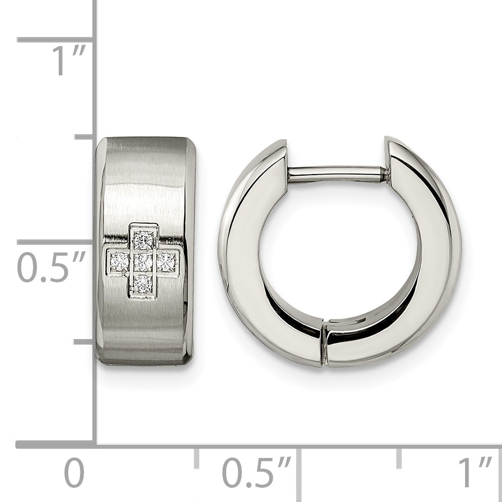 Stainless Steel Polished & Brushed Hinged Cubic Zirconia Huggie Hoop Earrings