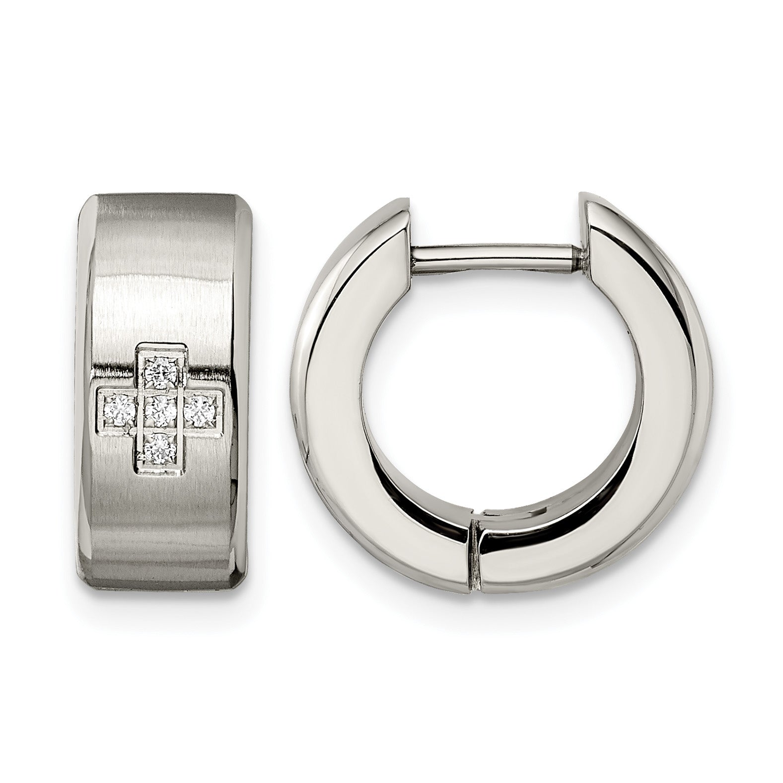 Stainless Steel Polished & Brushed Hinged Cubic Zirconia Huggie Hoop Earrings Main image