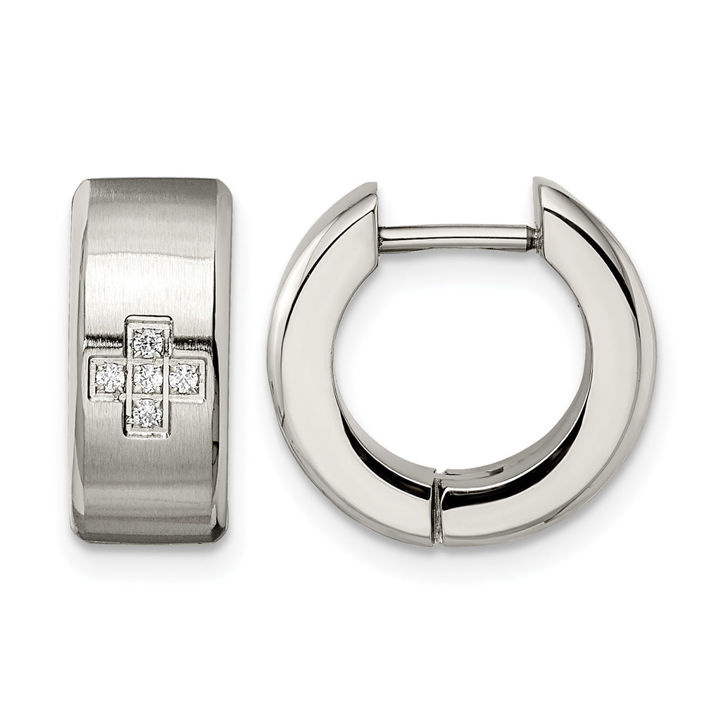 Stainless Steel Polished & Brushed Hinged Cubic Zirconia Huggie Hoop Earrings